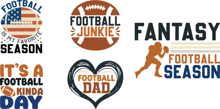 Football season typography badges with fantasy sports dad junkie quotes and player silhouette modern vector set for t shirt print sticker poster design isolated on white background