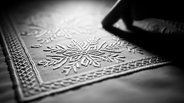 Delicate monochrome embroidery featuring floral designs and ornate rectangular border