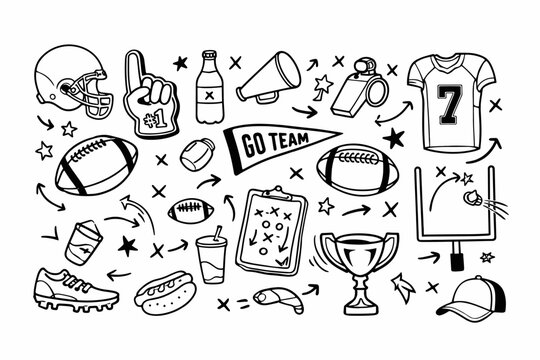 American football doodle set with hand drawn sports icons, black and white game day illustrations, football equipment and fan gear vector collection
