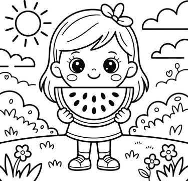 Coloring page of a cute girl holding a watermelon slice outdoors