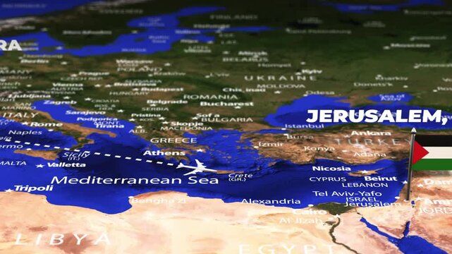 Flight From Andorra la Vella ANDORRA Jerusalem Palestine with flag pins