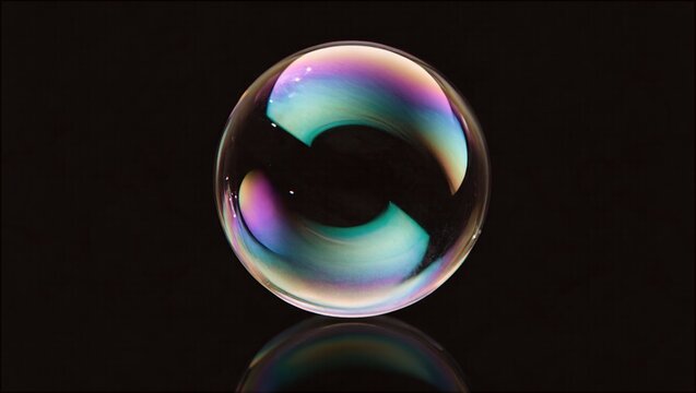 黒い背景に浮かぶ虹色に反射するシャボン玉のクローズアップ