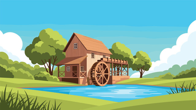 Idyllic landscape featuring a wooden watermill house by a clear blue pond surrounded by lush green forest trees.