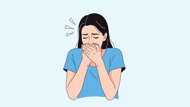 Stressed young woman covering her mouth with her hands while feeling nauseous and unwell against a light blue background.