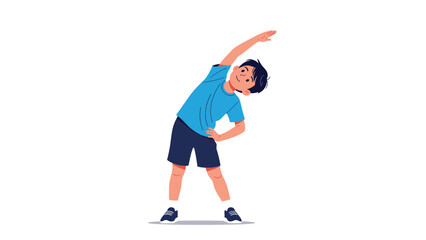 Obraz premium Young boy in sports clothing performing side stretch exercises to stay active and healthy against a plain white background.