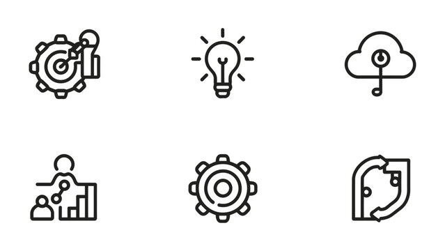 Icon Set of Business Strategy and Technology: This image showcases a collection of minimalist, clean-lined icons representing essential concepts within business, strategy, and technology.