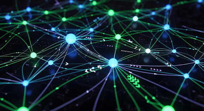 A complex network of glowing blue and green lines and nodes on a dark background