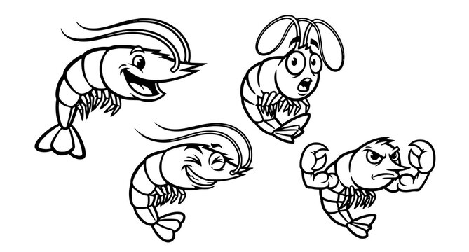 Playful shrimp characters a black and white illustration of four expressive crustaceans with unique personalities