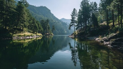 Obraz premium A serene lake surrounded by lush green trees and majestic mountains on a clear sunny day