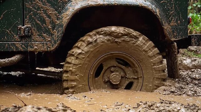 Off Road Vehicle Wheel Stuck in Deep Mud Action Close Up