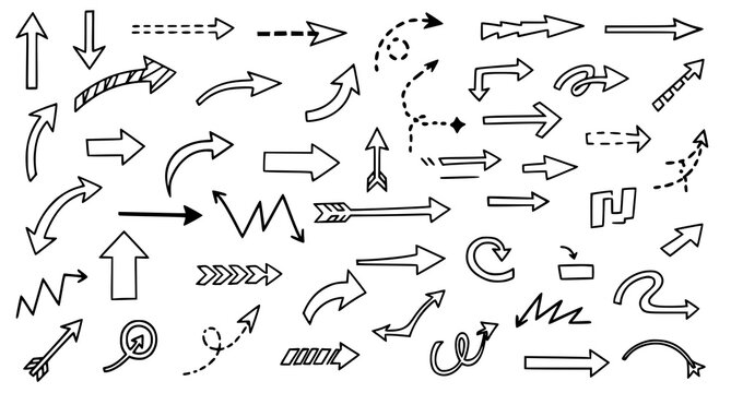 Collection of diverse black arrows and directional elements on a clean white background illustrating movement and guidance