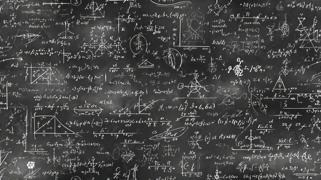 Hand drawn math and science formulas on chalkboard background, educational doodle style classroom texture for school design