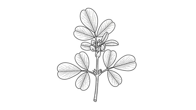 Black and white botanical sketch of a peanut plant showing leaves stems and developing nuts for agricultural use.
