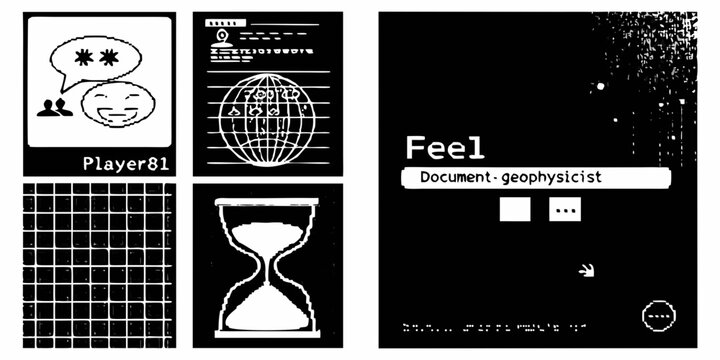 A collage of black and white images featuring abstract designs and text