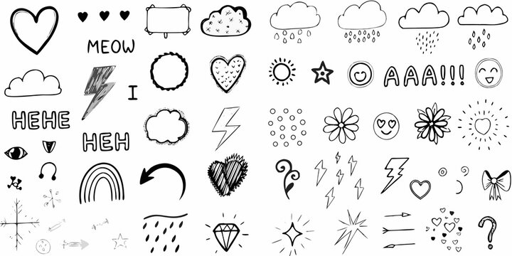 Collection of hand drawn doodle elements including hearts clouds and lettering