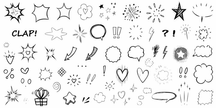 Collection of hand drawn comic book style explosion and speech bubbles