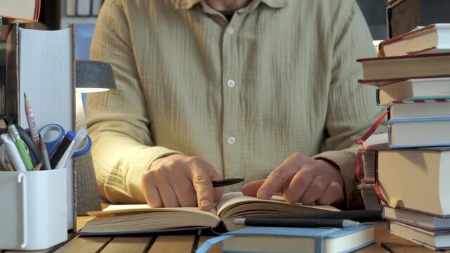 Man reading book at desk surrounded by stacks of literature, focused learning process with notes and stationery in workspace