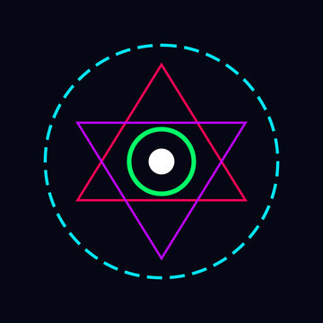 Abstract futuristic central artificial intelligence processing core symbol with neon geometric shapes and dashed border