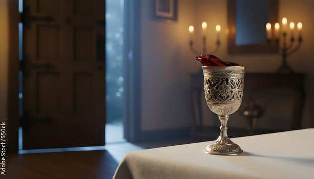 Ornate silver kiddush cup with red wine on seder table for a happy passover celebration, opening the door for elijah concept in a warm candlelit home setting during pesach