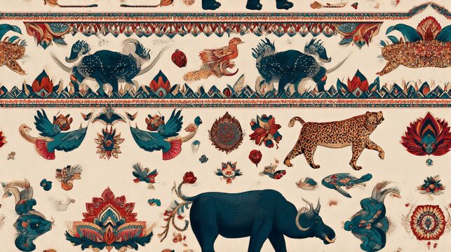 Indian vintage ornament seamless pattern with esoteric symbols and animal motifs, decorative background for design
