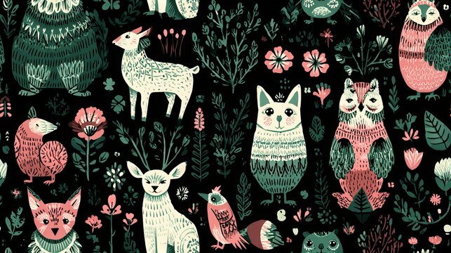 Nordic forest animal ornament seamless pattern, folk art decorative background for textile and surface design
