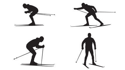 Naklejka premium Skiing silhouettes set with skier figures holding poles on white background for winter sport icons featuring ski track, snow, slalom with vector