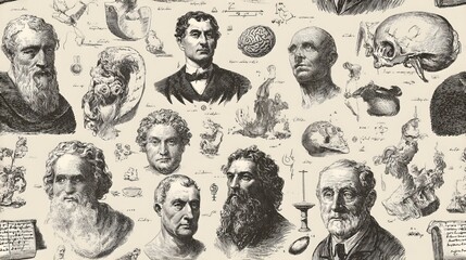 Hand drawn philosophy seamless pattern, scholarly thinker illustrations and symbolic elements, decorative conceptual background for design