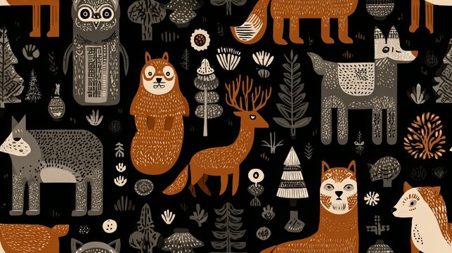 Nordic forest animal ornament seamless pattern, folk art decorative background for textile and surface design