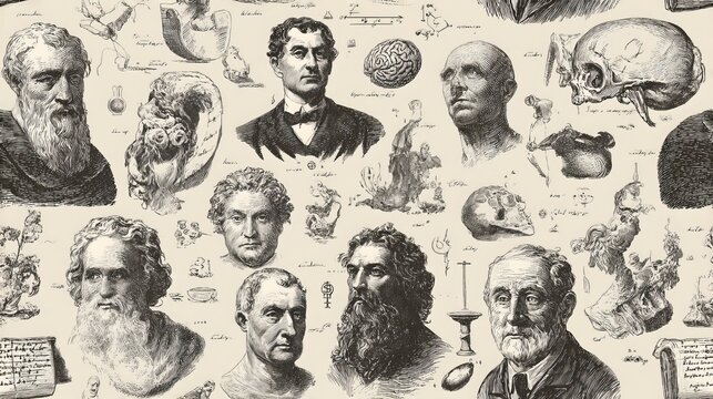 Hand drawn philosophy seamless pattern, scholarly thinker illustrations and symbolic elements, decorative conceptual background for design