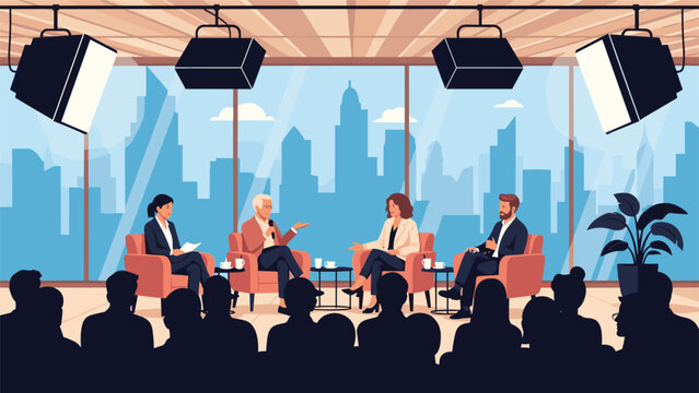 TV talk show studio panel discussion with four people on stage in front of a live audience and city skyline view.