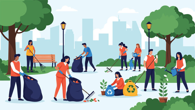 Group of diverse volunteers cleaning up a city park by picking up trash and planting trees for environmental care.