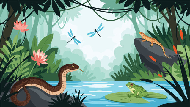 Jungle wildlife scene with a snake frog lizard and dragonflies living in a tropical rainforest pond environment art.
