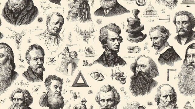 Hand drawn philosophy seamless pattern, scholarly thinker illustrations and symbolic elements, decorative conceptual background for design