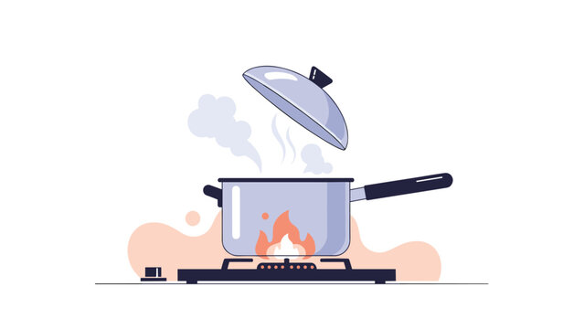 Modern kitchen scene with a metal pot boiling on a gas stove burner with steam rising from the open lid during cooking.