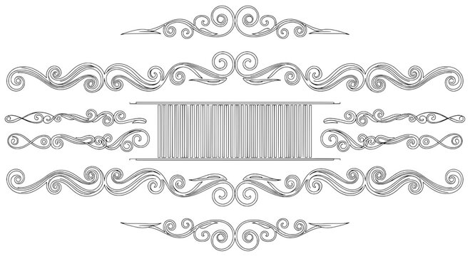 Ornamental scroll border frame line set with swirls and decorative dividers for vintage design ornaments