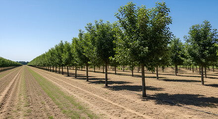 Obraz premium A meticulously planted tree nursery stretches into the distance under a clear blue sky, showcasing orderly agriculture and the potential for future green landscapes