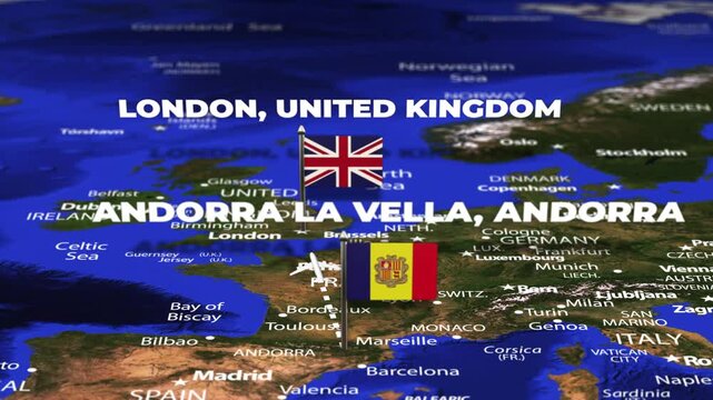 Flight From Andorra la Vella ANDORRA London UNITED KINGDOM with flag pins