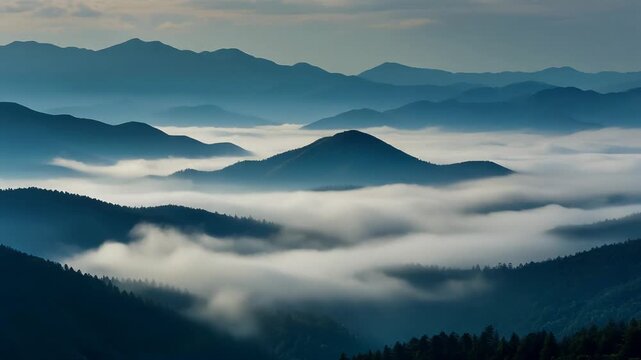 Fog covers rolling hills and mountains in a serene landscape view.