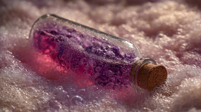 Purple bubble bath in a bottle creates foam inside a tub.