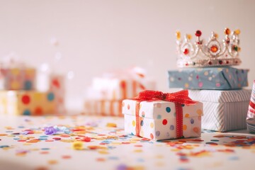 Festive birthday celebration with colorful confetti scattered around beautifully wrapped gift boxes and a decorative crown