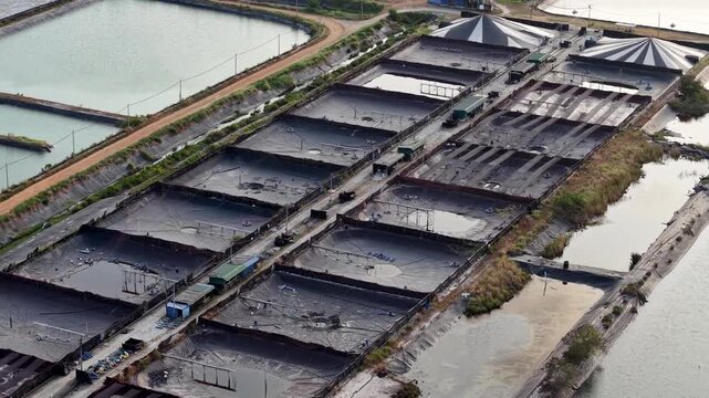 Aerial Drone View of Wastewater Treatment Ponds and Basins