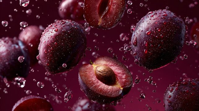 Fresh plums splashing with water droplets vibrant juicy fruit macro composition