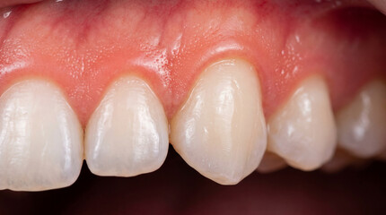 Fototapeta premium Macro view of healthy white human teeth and natural pink gum line.