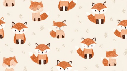 Fototapeta premium Flat Scandinavian fox seamless pattern, cute nursery woodland illustration with soft pastel colors, balanced repeating layout, decorative textile and surface design background