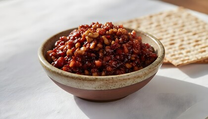 Naklejka premium Traditional charoset in a bowl with matzah crackers on a white tablecloth for a Happy Passover holiday celebration concept, capturing the essence of the Jewish Seder feast