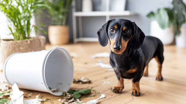 Dachshund dog gazing at the camera after causing a mess by knocking over a trash can, spreading leaves and debris across the hardwood floor