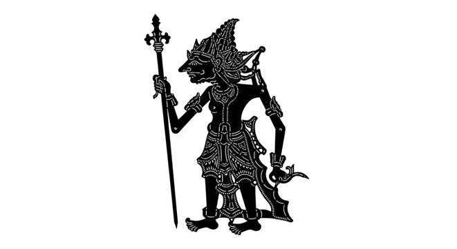 Silhouette of a traditional Javanese Wayang Kulit shadow puppet character with ornate headdress and spear.