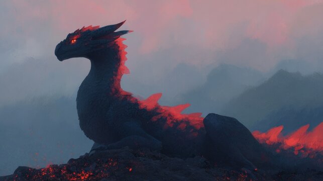 Mystical black dragon illuminated by fiery embers fantasy creature scene