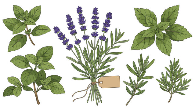 Collection of various culinary and aromatic herbs including lavender, rosemary, mint, and oregano with a small tag for labeling.
