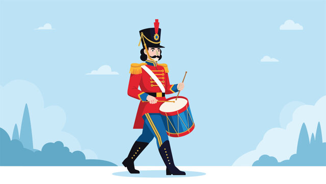Illustration of a classic toy soldier nutcracker in a red and blue uniform marching and playing a drum against a cloudy sky.